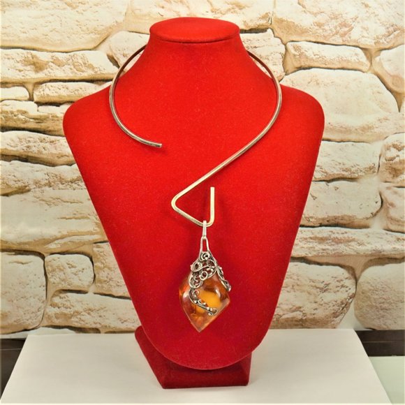 HUGE AMBER STERLING PENDANT WITH MEXICO SILVER WIRE, RARE GIFT FOR WOMEN - Picture 3 of 13